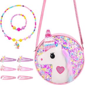 Unicorn Crossbody Bag with Jewellery Set, Little Girl Glitter Handbag Necklace Bracelet Hair Clips Accessories Set Princess Jewelry Party Favors Gift Dress Up