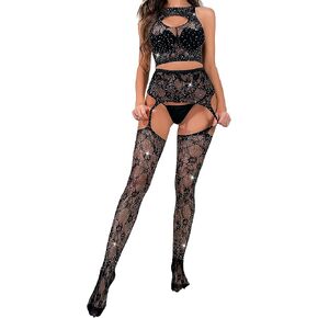 Fishnet Lingerie for Women Sparkle Rhinestone Bodystocking Club Outfit Cutout Mesh Top and Pantyhose