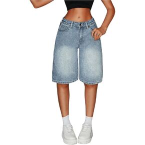 MakeMeChic Women's Straight Leg Denim Shorts Zip Up Button Knee Length Jean Shorts