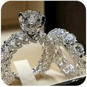 2Pcs 925 Sterling Silver Shiny Full Diamond AAA Cubic Zirconia Rings Set CZ Diamond Ring Set Eternity Engagement Wedding Band Set Round Cut CZ Promise Ring for Women Size 6-10