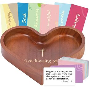 Prayer Bowl Wooden with Color Coded Bible Verse Cards(90+20 Pcs),Wooden Heart Blessing Bowl Scripture Prayer Cards,Bible Verses Cards,Religious Christmas Christian Gifts for Women Men