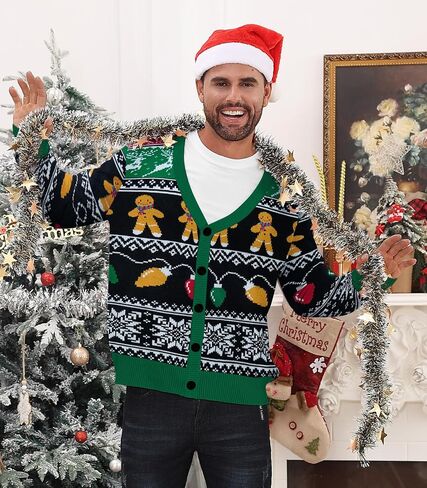 Men's Christmas Cardigan Sweater V Neck Buttons Knitted Cardigans Ugly Xmas Sweater in Kuwait