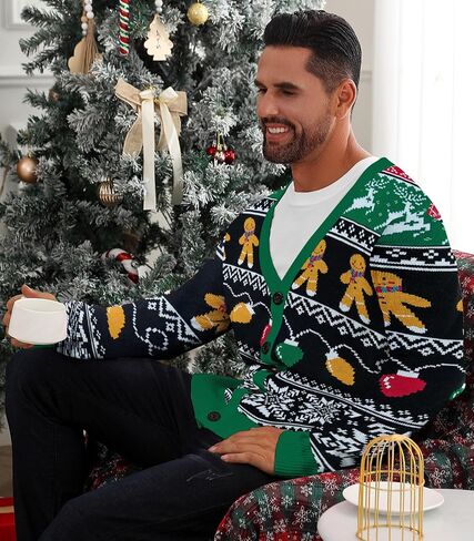 Men's Christmas Cardigan Sweater V Neck Buttons Knitted Cardigans Ugly Xmas Sweater in Kuwait