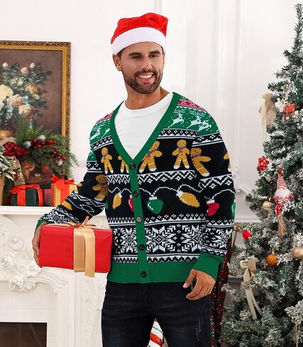Men's Christmas Cardigan Sweater V Neck Buttons Knitted Cardigans Ugly Xmas Sweater in Kuwait