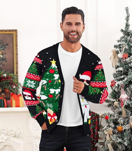 Men's Christmas Cardigan Sweater V Neck Buttons Knitted Cardigans Ugly Xmas Sweater in Kuwait