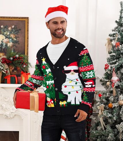 Men's Christmas Cardigan Sweater V Neck Buttons Knitted Cardigans Ugly Xmas Sweater in Kuwait