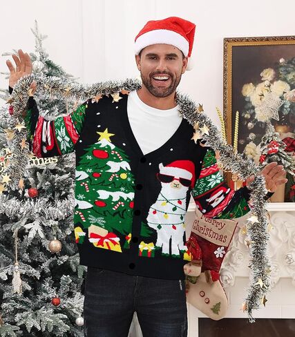 Men's Christmas Cardigan Sweater V Neck Buttons Knitted Cardigans Ugly Xmas Sweater in Kuwait