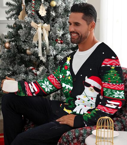Men's Christmas Cardigan Sweater V Neck Buttons Knitted Cardigans Ugly Xmas Sweater in Kuwait