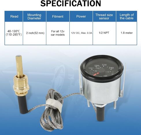 JDMSPEED 2" 52mm Water Temperature Gauge 40-130℃,110-265℉ Water Temp Thermometer Meter Kit DC12V with Sensor NPT 1/2, 1.8m Wire Length in Saudi Arabia