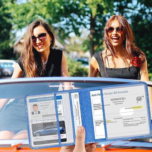 DMLuna Car Registration and Insurance Holder, Folio Leather Vehicle Card Document Glove Box Organizer, Auto Truck Compartment Accessories for Essential Information, Driver License Cards, Glitter Rose in Saudi Arabia