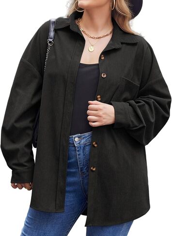 IN'VOLAND Womens Plus Size Corduroy Shirt Long Sleeve Button Down Shirts Fall Blouses Tops Casual Jacket Shacket in Kuwait