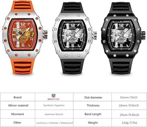 Mens Watches Tonneau Design Analog Unique Sports Quartz Wrist Watch for Men with Luminous Date Calendar Rubber Strap Silicone Band in Saudi Arabia