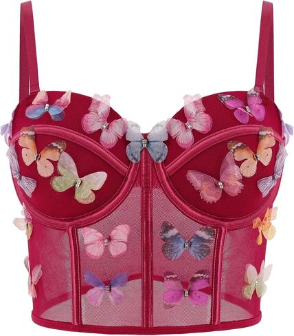 Testudineus Women Chic Butterfly Embroidered Corset Top Spaghetti Strap Sheer Mesh Push Up Bustier Bralette in Kuwait