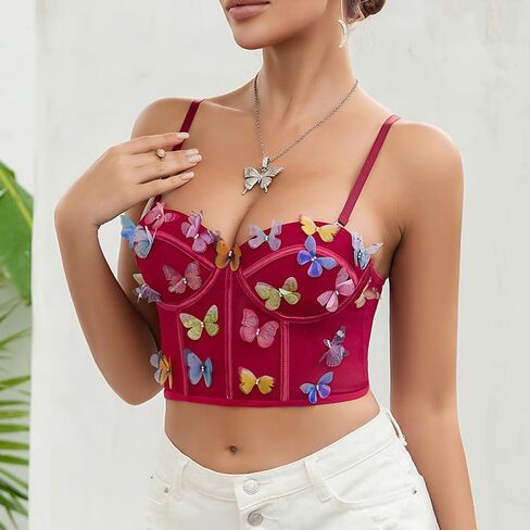 Testudineus Women Chic Butterfly Embroidered Corset Top Spaghetti Strap Sheer Mesh Push Up Bustier Bralette in Kuwait