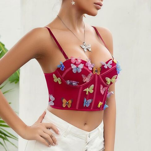 Testudineus Women Chic Butterfly Embroidered Corset Top Spaghetti Strap Sheer Mesh Push Up Bustier Bralette in Kuwait