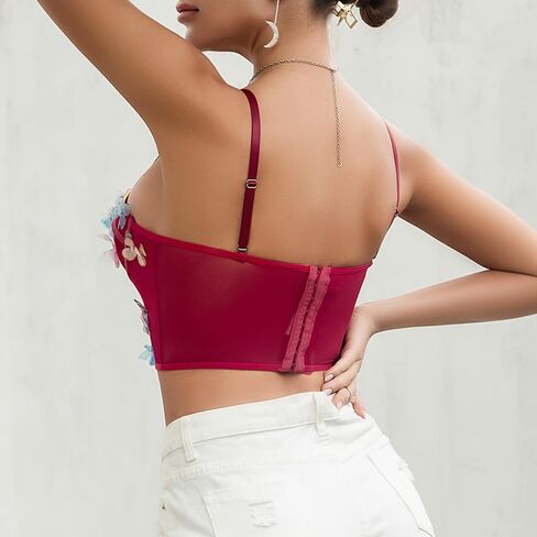 Testudineus Women Chic Butterfly Embroidered Corset Top Spaghetti Strap Sheer Mesh Push Up Bustier Bralette in Kuwait
