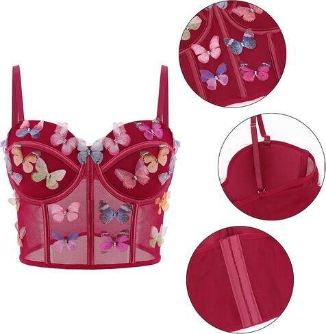 Testudineus Women Chic Butterfly Embroidered Corset Top Spaghetti Strap Sheer Mesh Push Up Bustier Bralette in Kuwait