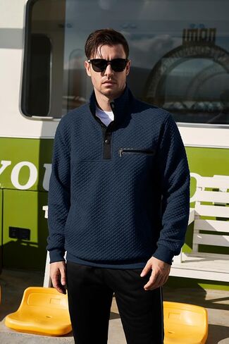 LBL Leading the Better Life Mens Sweatshirt Fashion Stand Collar Button Pullover Sweatshirts with Pockets in Kuwait