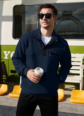 LBL Leading the Better Life Mens Sweatshirt Fashion Stand Collar Button Pullover Sweatshirts with Pockets in Kuwait