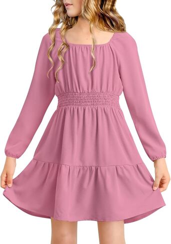 Girls Fall Square Neck Smocked Waist Puff Long Sleeve Side Pockets Trendy Midi Dress 6-14 Years in Saudi Arabia