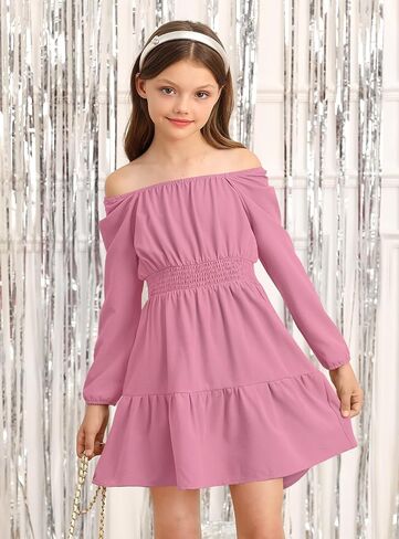 Girls Fall Square Neck Smocked Waist Puff Long Sleeve Side Pockets Trendy Midi Dress 6-14 Years in Saudi Arabia