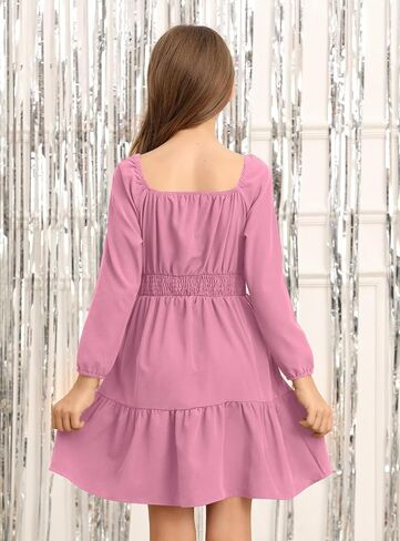 Girls Fall Square Neck Smocked Waist Puff Long Sleeve Side Pockets Trendy Midi Dress 6-14 Years in Saudi Arabia