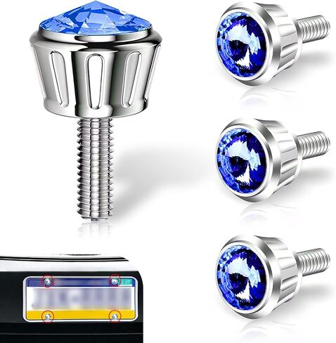 4 PCS Car License Plate Tray Fixing Bolts, Aluminum License Plate Frame Decorative Screws, Crystal Diamond Car Anti-Theft Screw Caps, Universal for Most Cars (Blue) in Saudi Arabia