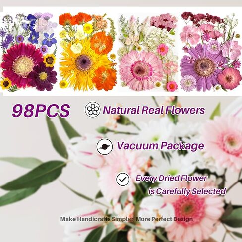 98Pcs Large Pressed Flowers for Resin Real Bulk Dried Flowers Dry Flowers Leaves for Resin Mold Scrapbooking DIY Art Crafts, Epoxy Resin Jewelry Molds, Candle, Soap Making (Large Flowers) in Saudi Arabia