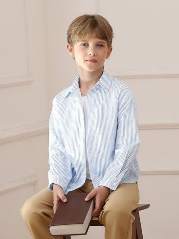 Haloumoning Boys Button Down Shirt Kids Long Sleeve Striped Collared Tshirts Fall Tops Tees 5-14Y in Saudi Arabia