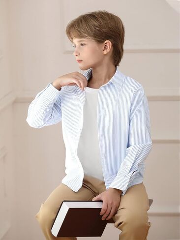 Haloumoning Boys Button Down Shirt Kids Long Sleeve Striped Collared Tshirts Fall Tops Tees 5-14Y in Saudi Arabia