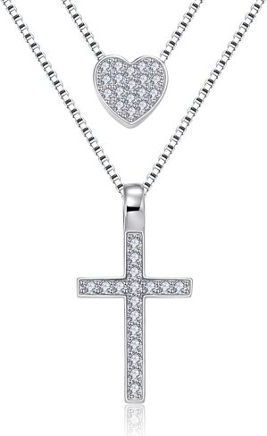 Layered Necklace 925 Sterling Silver Love Heart Cross Multilayer Adjustable Y Layered Chain Pendant Necklaces Jewelry for Women in Kuwait
