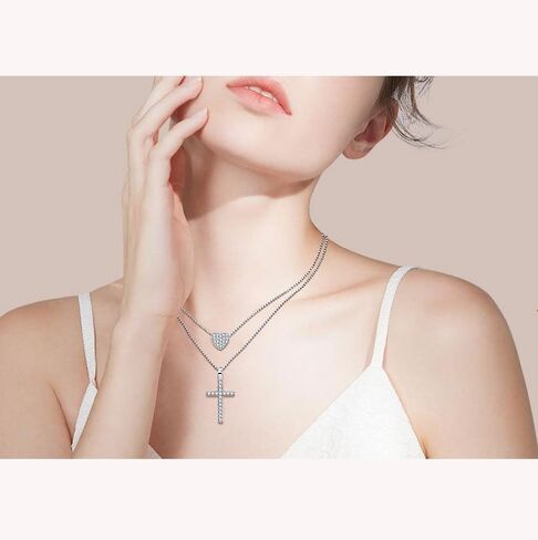 Layered Necklace 925 Sterling Silver Love Heart Cross Multilayer Adjustable Y Layered Chain Pendant Necklaces Jewelry for Women in Kuwait
