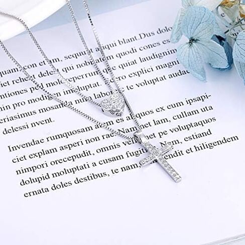 Layered Necklace 925 Sterling Silver Love Heart Cross Multilayer Adjustable Y Layered Chain Pendant Necklaces Jewelry for Women in Kuwait