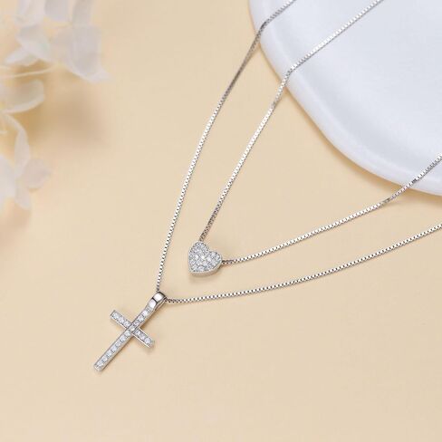 Layered Necklace 925 Sterling Silver Love Heart Cross Multilayer Adjustable Y Layered Chain Pendant Necklaces Jewelry for Women in Kuwait