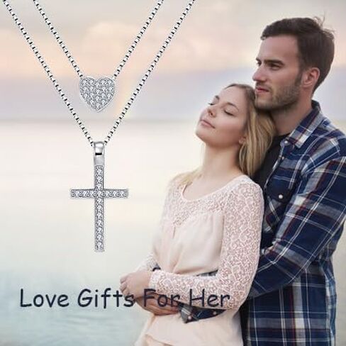 Layered Necklace 925 Sterling Silver Love Heart Cross Multilayer Adjustable Y Layered Chain Pendant Necklaces Jewelry for Women in Kuwait