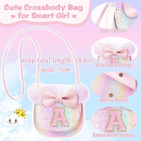 Toddler Purse Girl Wallet for Kids 2 3 4 5 6 7 8 9 Year Old Birthday Gifts,Cute Mouse Ear Bow Crossbody Shoulder Purse,Personalized Initial Toddler Purse Wallet Gifts for Little Girl (glitter pink_A) in Kuwait