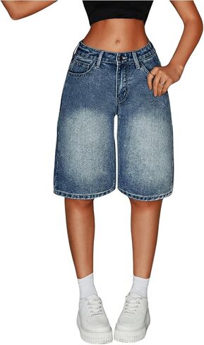 MakeMeChic Women's Straight Leg Denim Shorts Zip Up Button Knee Length Jean Shorts in Saudi Arabia