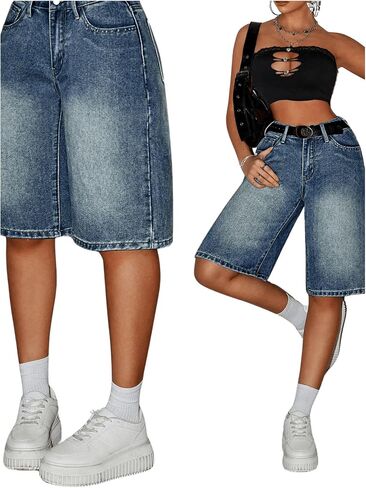 MakeMeChic Women's Straight Leg Denim Shorts Zip Up Button Knee Length Jean Shorts in Saudi Arabia