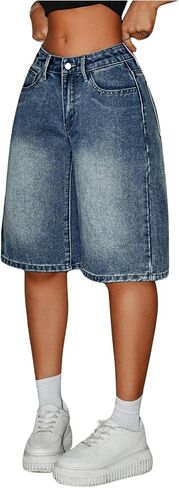 MakeMeChic Women's Straight Leg Denim Shorts Zip Up Button Knee Length Jean Shorts in Saudi Arabia