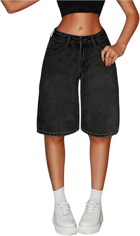 MakeMeChic Women's Straight Leg Denim Shorts Zip Up Button Knee Length Jean Shorts in Saudi Arabia