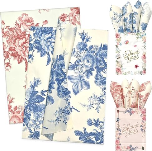 LIAPAWPAW 60 Sheets Peony Tissue Paper, Vintage Floral Gift Tissue Paper for Gift Bags Packaging, Blue and Red Elegant Flower Gift Wrap Paper for Wedding Birthday Party Christmas Holiday,20x14inch in Saudi Arabia