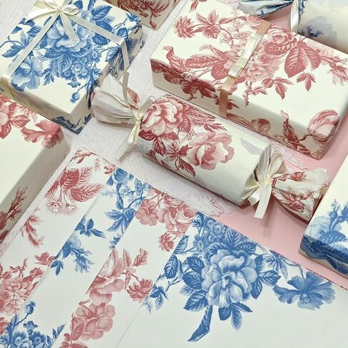 LIAPAWPAW 60 Sheets Peony Tissue Paper, Vintage Floral Gift Tissue Paper for Gift Bags Packaging, Blue and Red Elegant Flower Gift Wrap Paper for Wedding Birthday Party Christmas Holiday,20x14inch in Saudi Arabia