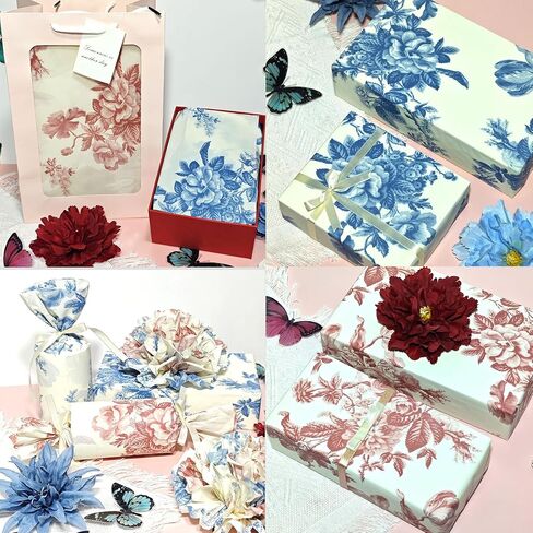 LIAPAWPAW 60 Sheets Peony Tissue Paper, Vintage Floral Gift Tissue Paper for Gift Bags Packaging, Blue and Red Elegant Flower Gift Wrap Paper for Wedding Birthday Party Christmas Holiday,20x14inch in Saudi Arabia