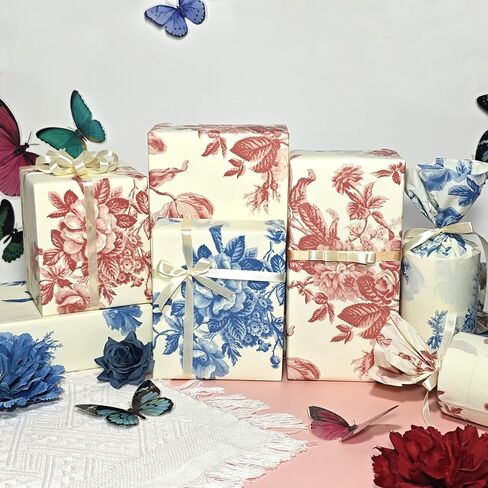 LIAPAWPAW 60 Sheets Peony Tissue Paper, Vintage Floral Gift Tissue Paper for Gift Bags Packaging, Blue and Red Elegant Flower Gift Wrap Paper for Wedding Birthday Party Christmas Holiday,20x14inch in Saudi Arabia