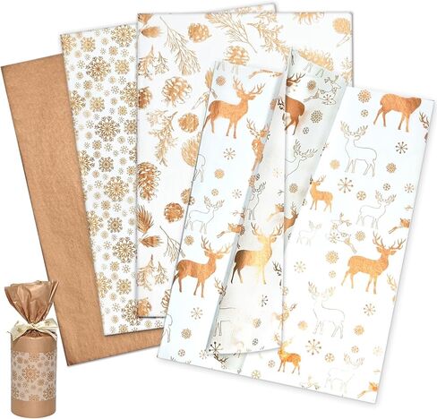 LIAPAWPAW Christmas Tissue Paper, 60 Sheets Metallic Rose Gold Tissue Paper for Gift Bags Packing, Pretty Deer Snowflake Gift Wrapping Tissue Paper for Xmas Winter New Year Holiday Party Decor,20x14in in Saudi Arabia