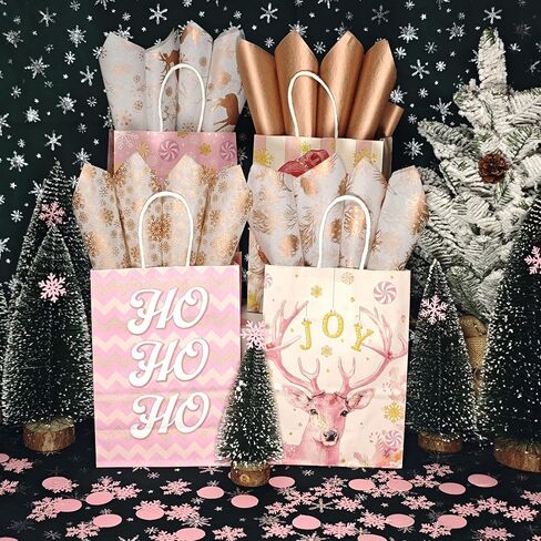 LIAPAWPAW Christmas Tissue Paper, 60 Sheets Metallic Rose Gold Tissue Paper for Gift Bags Packing, Pretty Deer Snowflake Gift Wrapping Tissue Paper for Xmas Winter New Year Holiday Party Decor,20x14in in Saudi Arabia