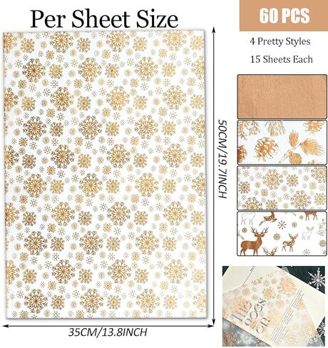 LIAPAWPAW Christmas Tissue Paper, 60 Sheets Metallic Rose Gold Tissue Paper for Gift Bags Packing, Pretty Deer Snowflake Gift Wrapping Tissue Paper for Xmas Winter New Year Holiday Party Decor,20x14in in Saudi Arabia