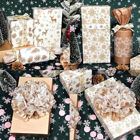 LIAPAWPAW Christmas Tissue Paper, 60 Sheets Metallic Rose Gold Tissue Paper for Gift Bags Packing, Pretty Deer Snowflake Gift Wrapping Tissue Paper for Xmas Winter New Year Holiday Party Decor,20x14in in Saudi Arabia