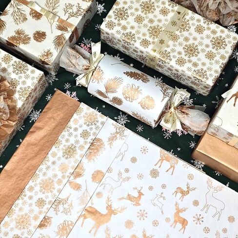 LIAPAWPAW Christmas Tissue Paper, 60 Sheets Metallic Rose Gold Tissue Paper for Gift Bags Packing, Pretty Deer Snowflake Gift Wrapping Tissue Paper for Xmas Winter New Year Holiday Party Decor,20x14in in Saudi Arabia