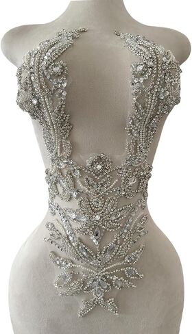 Pure Handmade Rhinestones lace Applique Accessories handsewing Beads Stones Trim Patches for Girl Wedding Dress 11X22inches (Clear AB) in Saudi Arabia